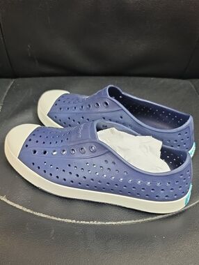 Native Navy Perforated Slip-On Moccasins with Cream Toe Cap